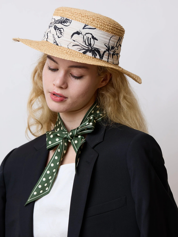 "Retro Polka" Silk Skinny Scarf - Dark Green