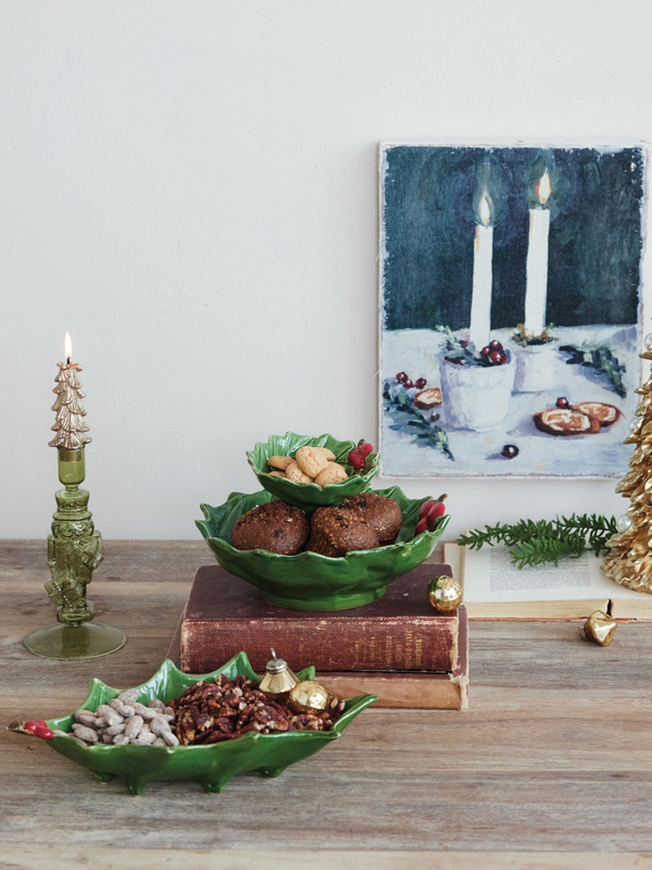 Hand-Painted Holly Leaf Shaped Footed Tray w/ Berries