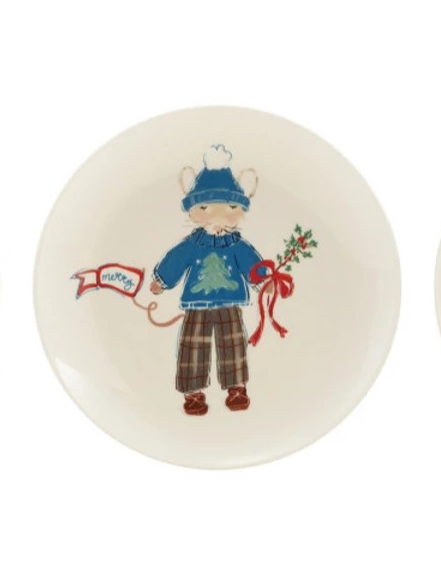 Stoneware Plate w/ Mouse in Clothes/Holiday Word