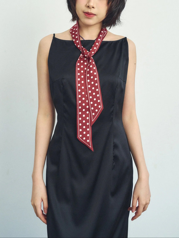 "Retro Polka" Silk Skinny Scarf - Burgundy
