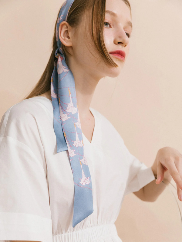 "Datura" Silk Skinny Scarf - Slate Blue