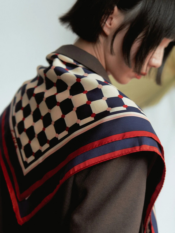 "Checkerboard" Silk Bandana Scarf - Blue