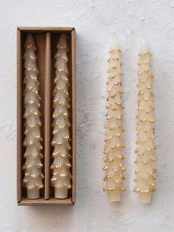 Unscented Tree Shaped Taper Candles w/ Gold Tips - Eggnog