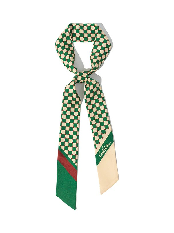 "Checkerboard" Silk Twill Skinny Scarf - Green