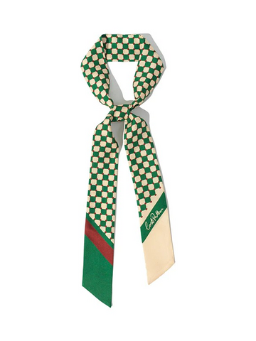 "Checkerboard" Silk Twill Skinny Scarf - Green