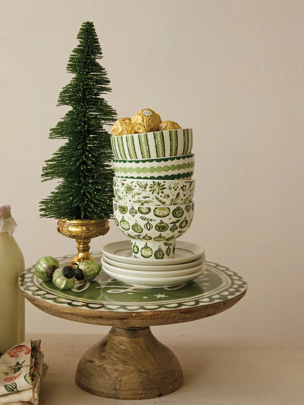 Stoneware Footed Bowl w/ Holiday Pattern