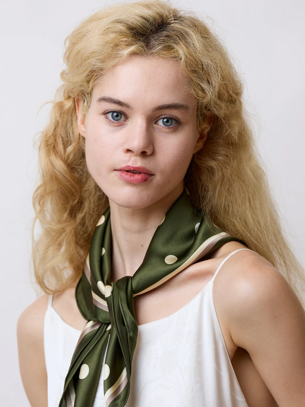 "Retro Polka" Silk Bandana Scarf - Matcha