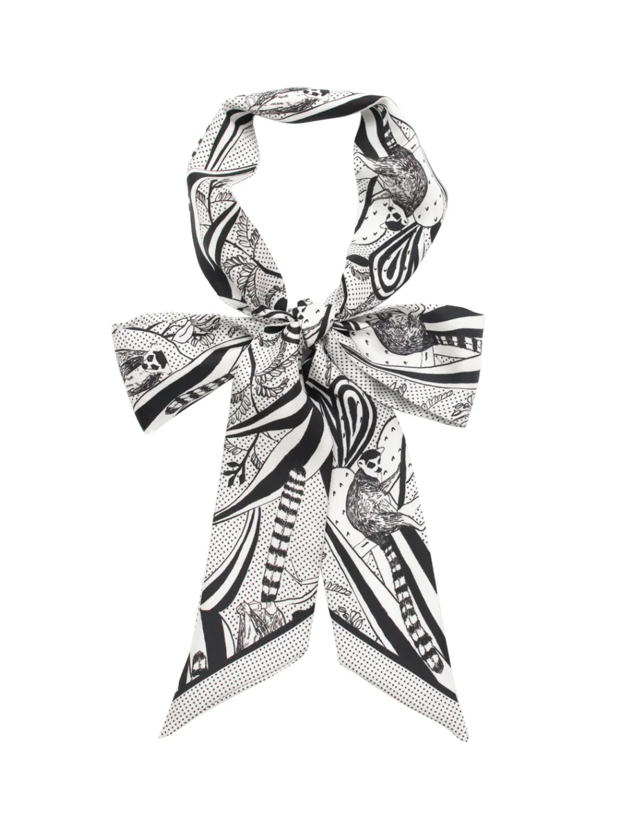 "Madagascar" Silk Twill Skinny Scarf - Black & White