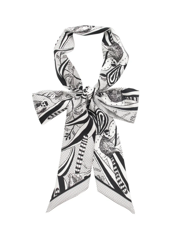 "Madagascar" Silk Twill Skinny Scarf - Black & White