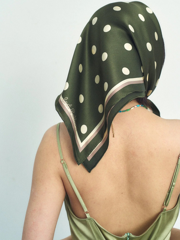 "Retro Polka" Silk Bandana Scarf - Matcha