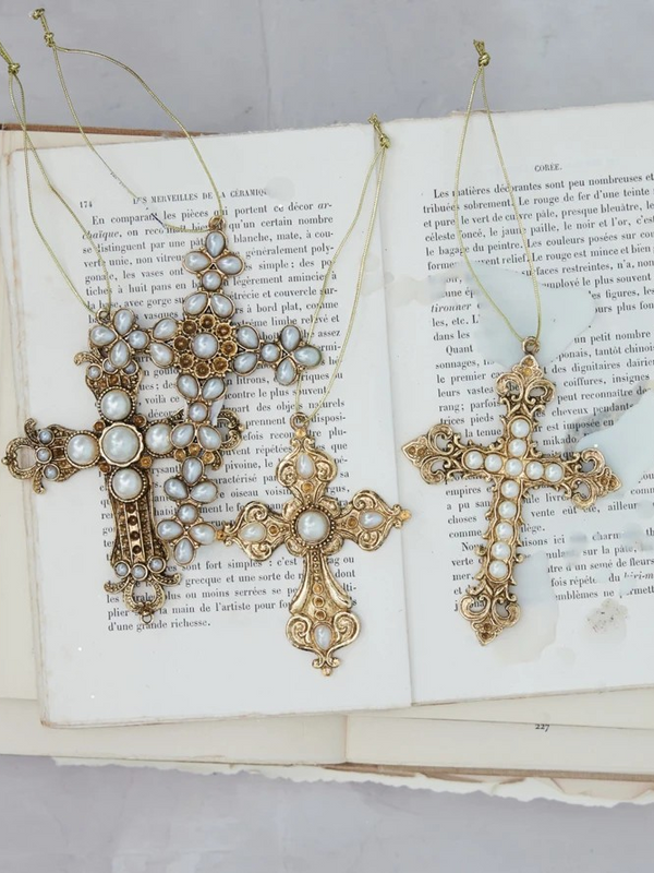 Pewter Cross Ornament w/ Faux Pearls