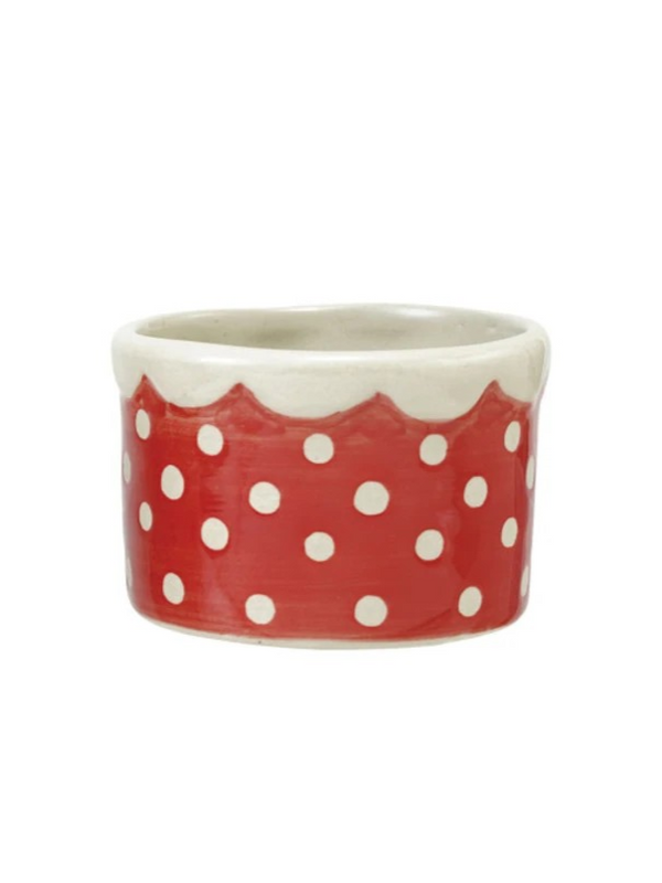 Hand-Painted Stoneware Container w/ Polka Dots & Scalloped Rim