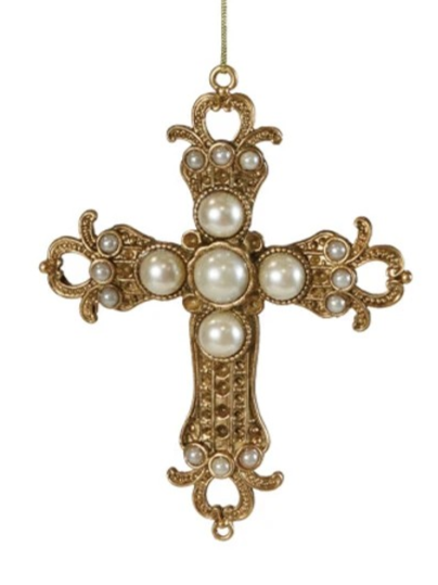 Pewter Cross Ornament w/ Faux Pearls