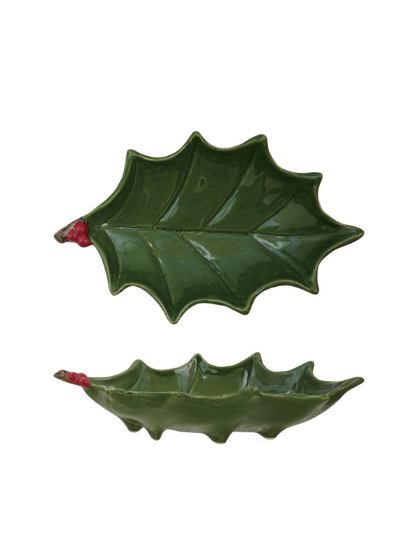 Hand-Painted Holly Leaf Shaped Footed Tray w/ Berries