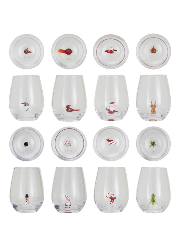 Stemless Wine Glass w/ Holiday Figure Inside, 8 Styles