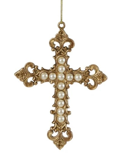 Pewter Cross Ornament w/ Faux Pearls