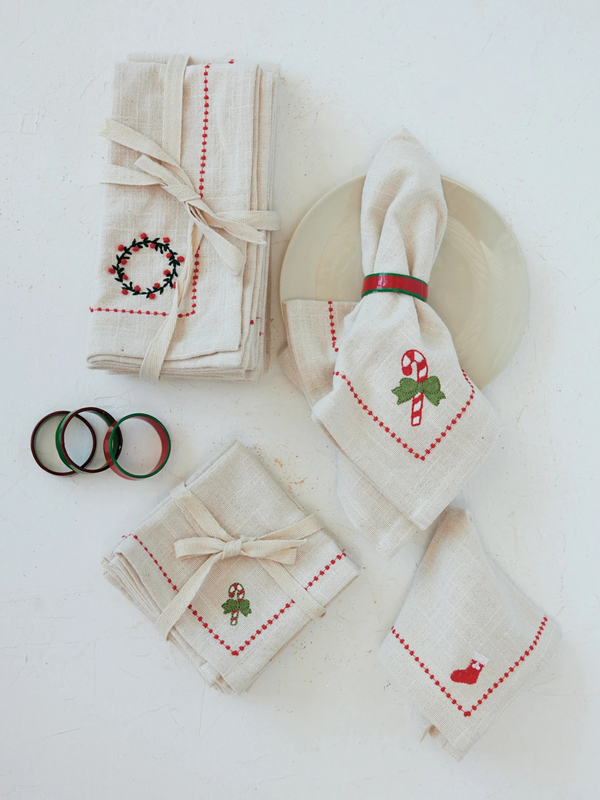 Woven Cotton Napkins w/ Embroidered Holiday Icons - Set of 4