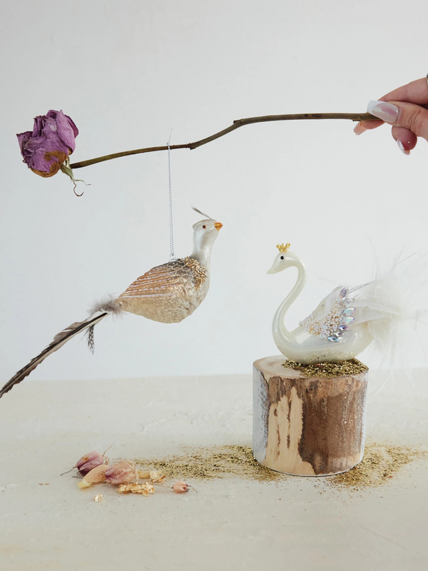 Hand-Painted Mercury Glass Bird Ornment w/ Sequins