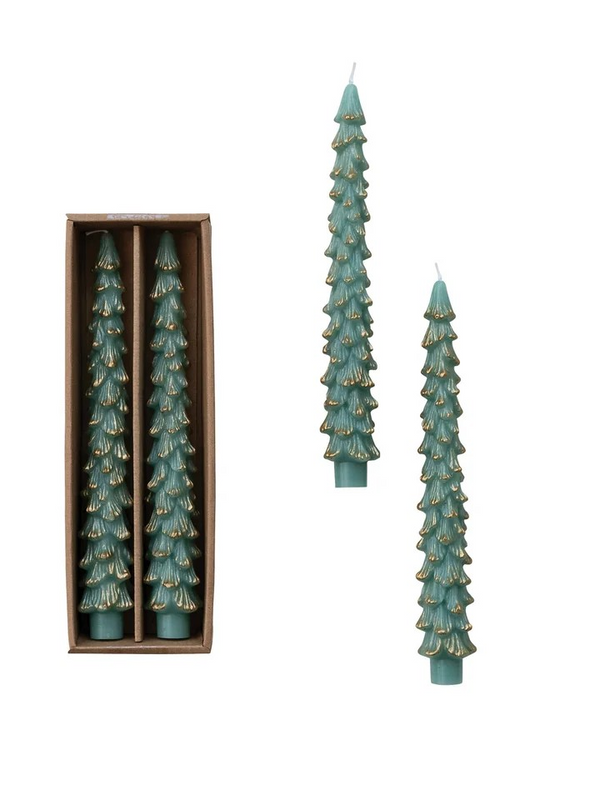 Unscented Tree Shaped Taper Candles w/ Gold Tips - Mint