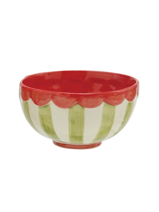 Hand-Painted Stoneware Striped Bowl w/ Scalloped Rim