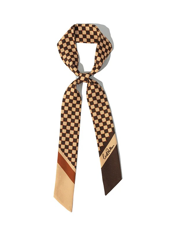 "Checkerboard" Silk Twill Skinny Scarf - Coffee
