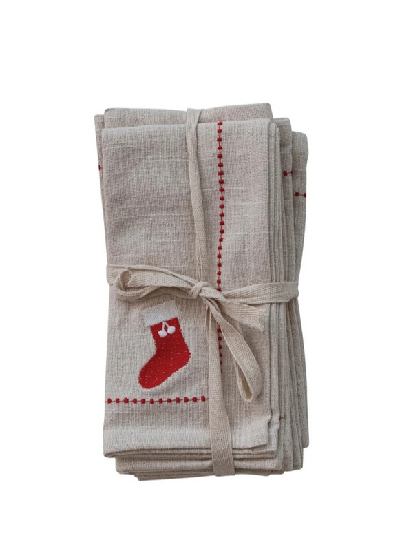 Woven Cotton Napkins w/ Embroidered Holiday Icons - Set of 4