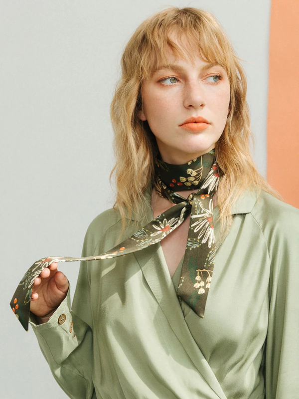 "Forest Charm" Silk Skinny Scarf - Moss Green