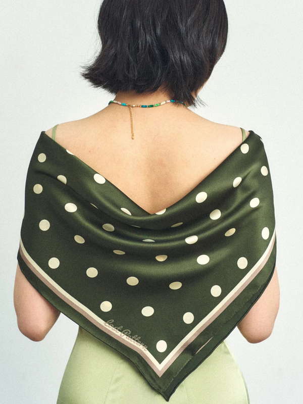 "Retro Polka" Silk Bandana Scarf - Matcha