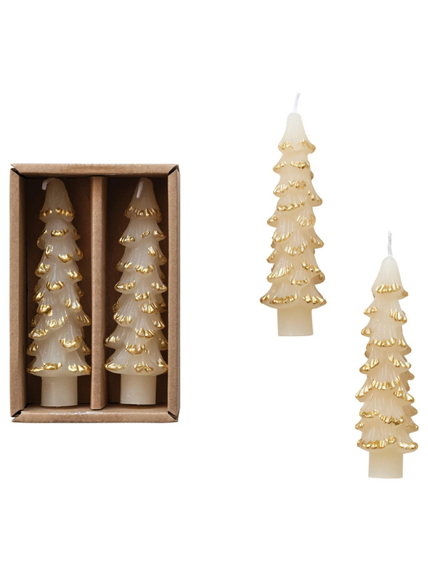 Unscented Tree Shaped Taper Candles w/ Gold Tips - Eggnog