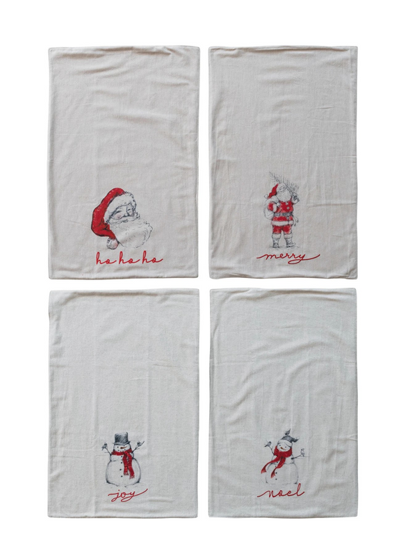 Cotton & Linen Tea Towel w/ Smowman/Santa Image