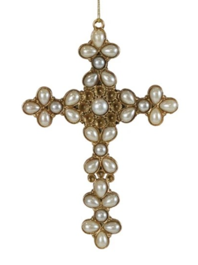 Pewter Cross Ornament w/ Faux Pearls