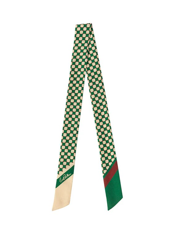 "Checkerboard" Silk Twill Skinny Scarf - Green
