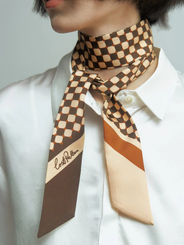 "Checkerboard" Silk Twill Skinny Scarf - Coffee