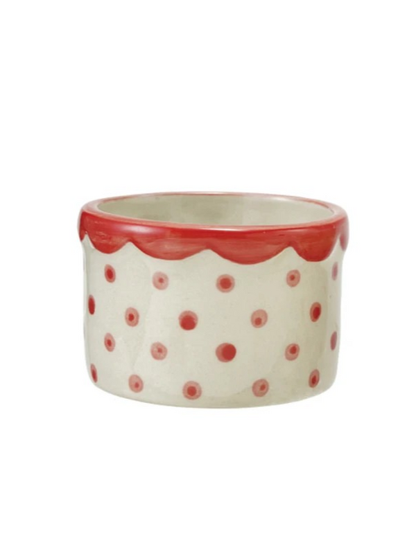 Hand-Painted Stoneware Container w/ Polka Dots & Scalloped Rim