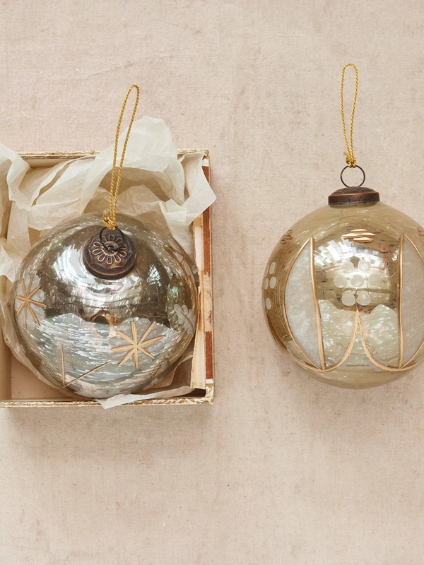 Etched Mercury Glass Ball Ornament with Design