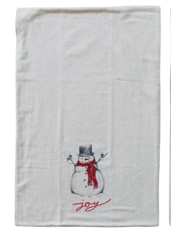 Cotton & Linen Tea Towel w/ Smowman/Santa Image