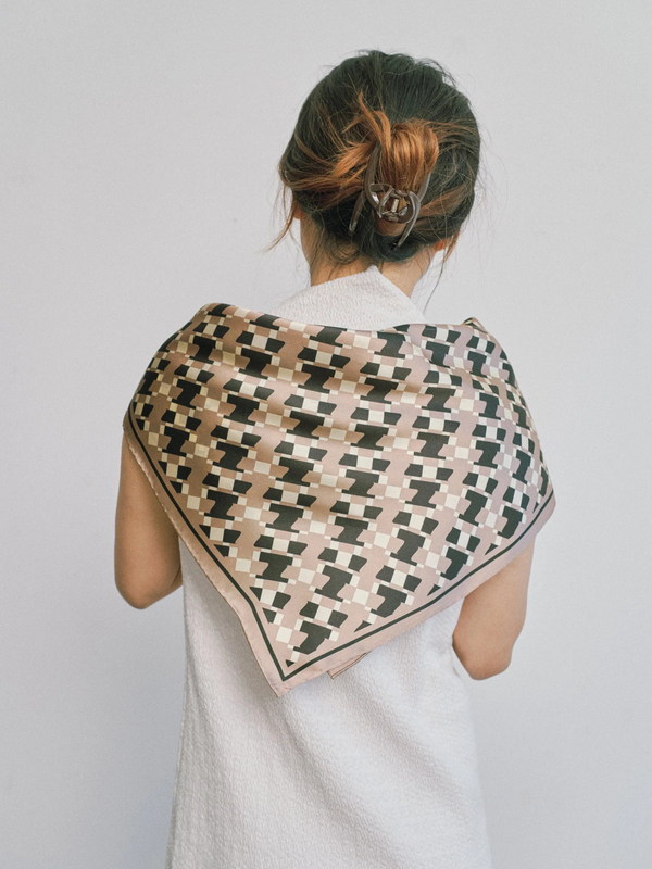 "Houndstooth Moderne" Silk Bandana Scarf - Coffee