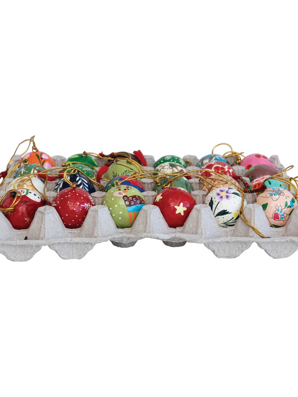1" Round Hand-Painted Paper Mache Ball Ornaments in Egg Crate - Set of 24