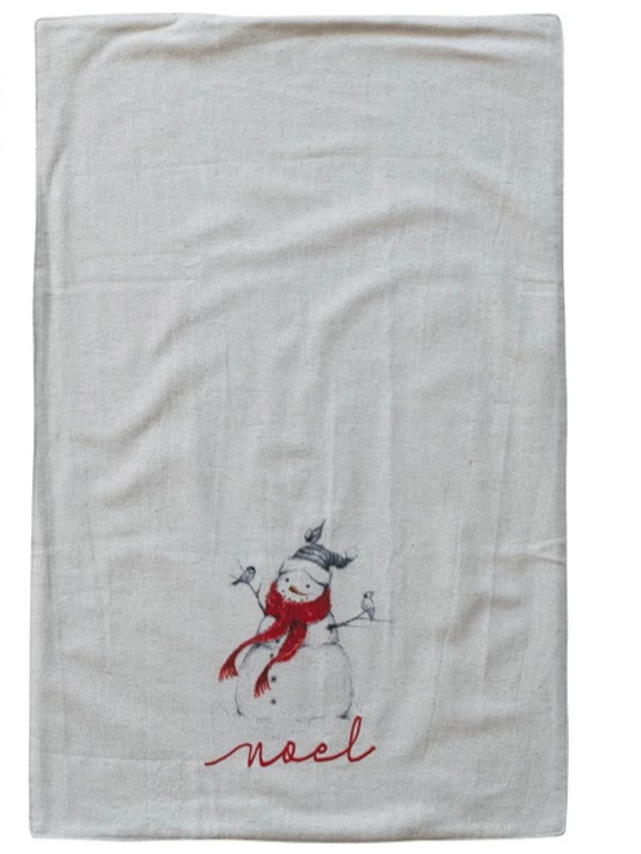 Cotton & Linen Tea Towel w/ Smowman/Santa Image