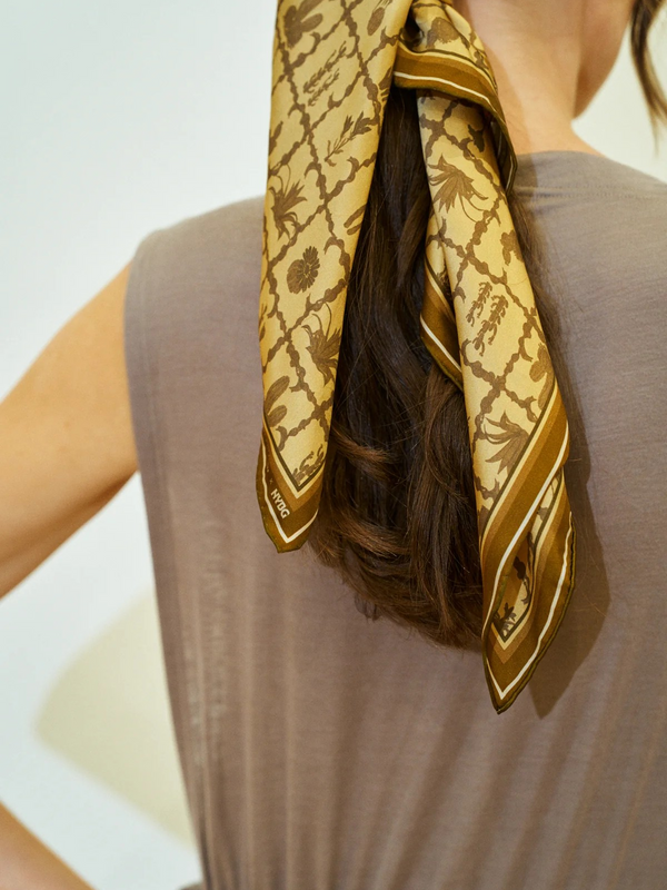 Lost Pattern x NYBG "Oasis Charms" Silk Bandana Scarf - Coffee