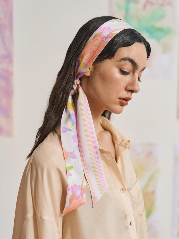 "Frida's Garden" Silk Skinny Scarf - Pink