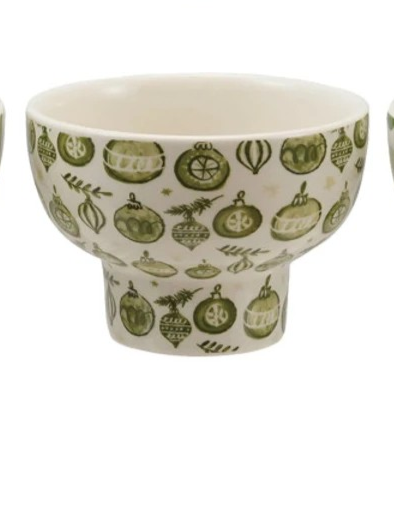 Stoneware Footed Bowl w/ Holiday Pattern